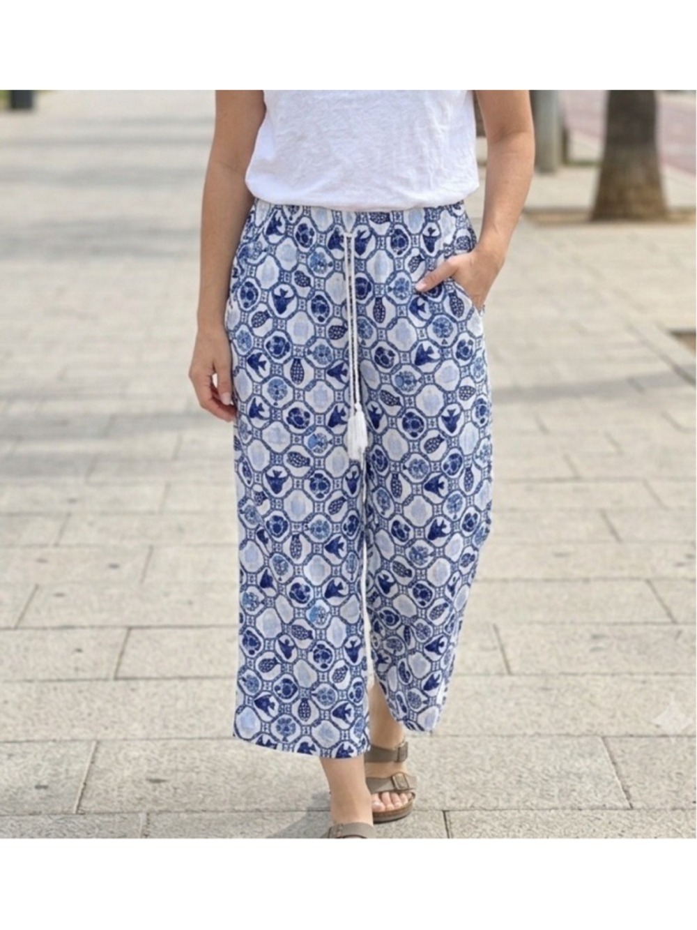 Isaac Mizrahi Linen Tropical Wide Leg Crop Pant M Blue Beach Boho Coastal Vacay